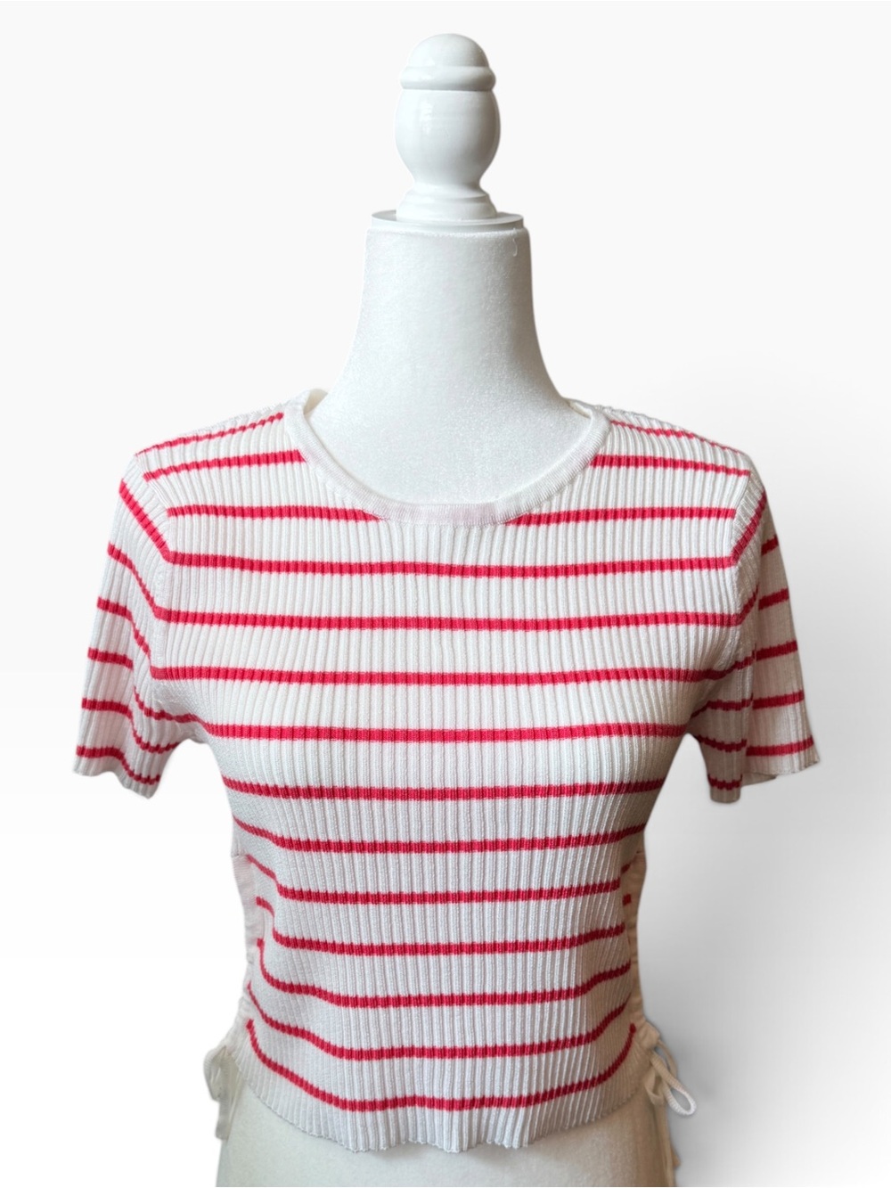 Pink Rose White and Pink Ribbed Short Sleeve Tee